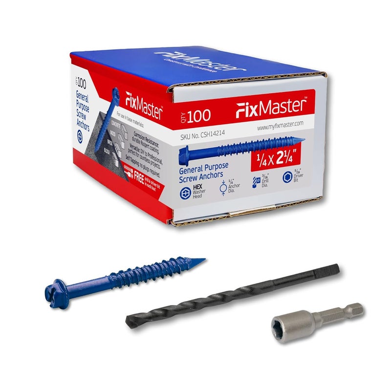 FixMaster 1/4 x 2-1/4" Hex Head Blue Concrete Screw Anchors (100 pcs Screw Kit) with one Screwdriver and Drill Bit for Concrete, Masonry, Block, Brick and Wood Fastening - Image 1